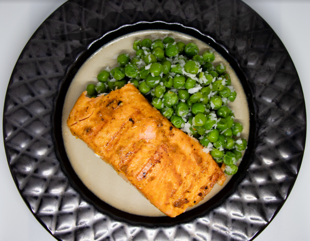 Spicy Salmon with Coconut Green Peas