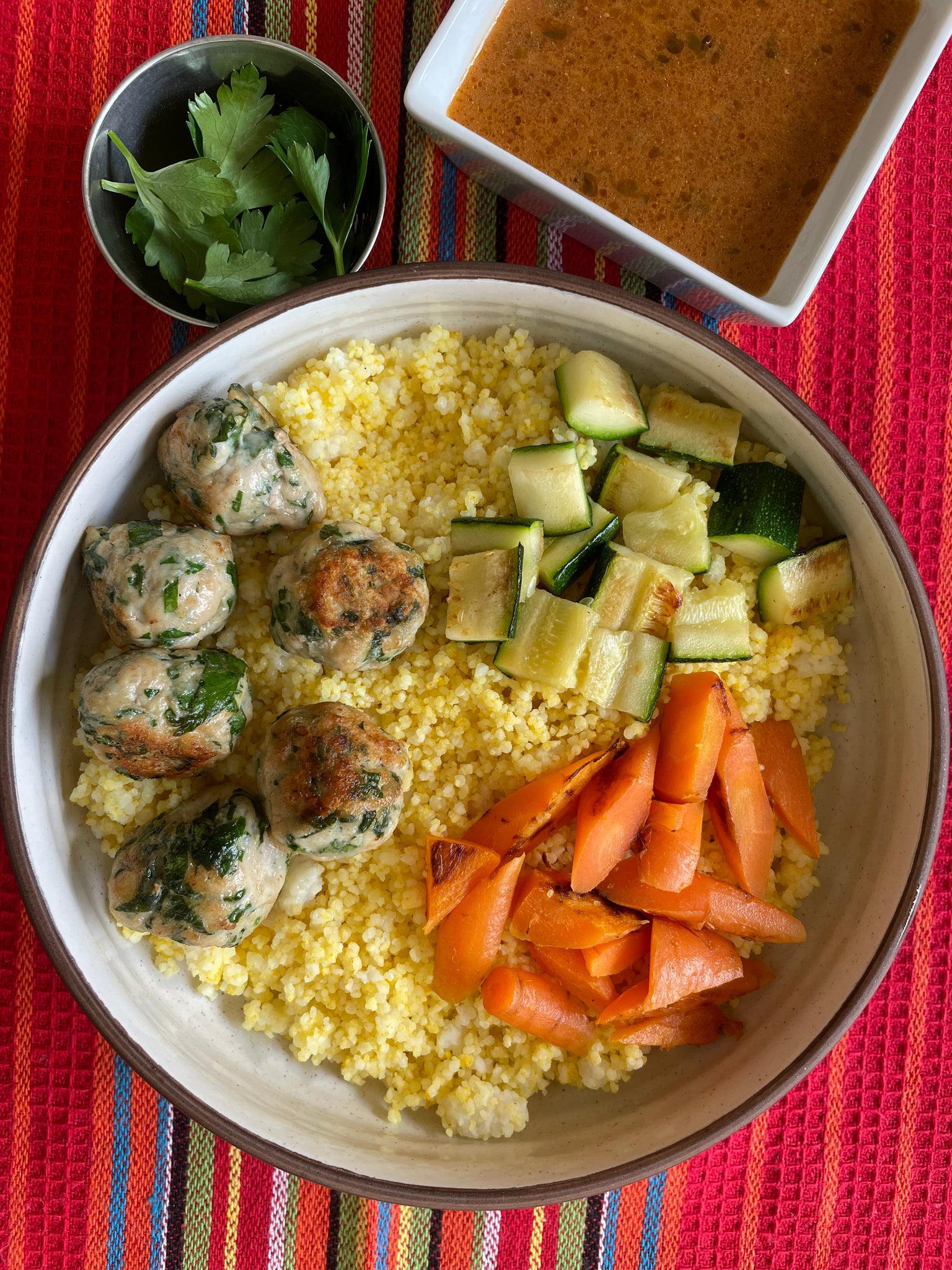 Herb Chicken Meatballs with Couscous and Roasted Vegetables