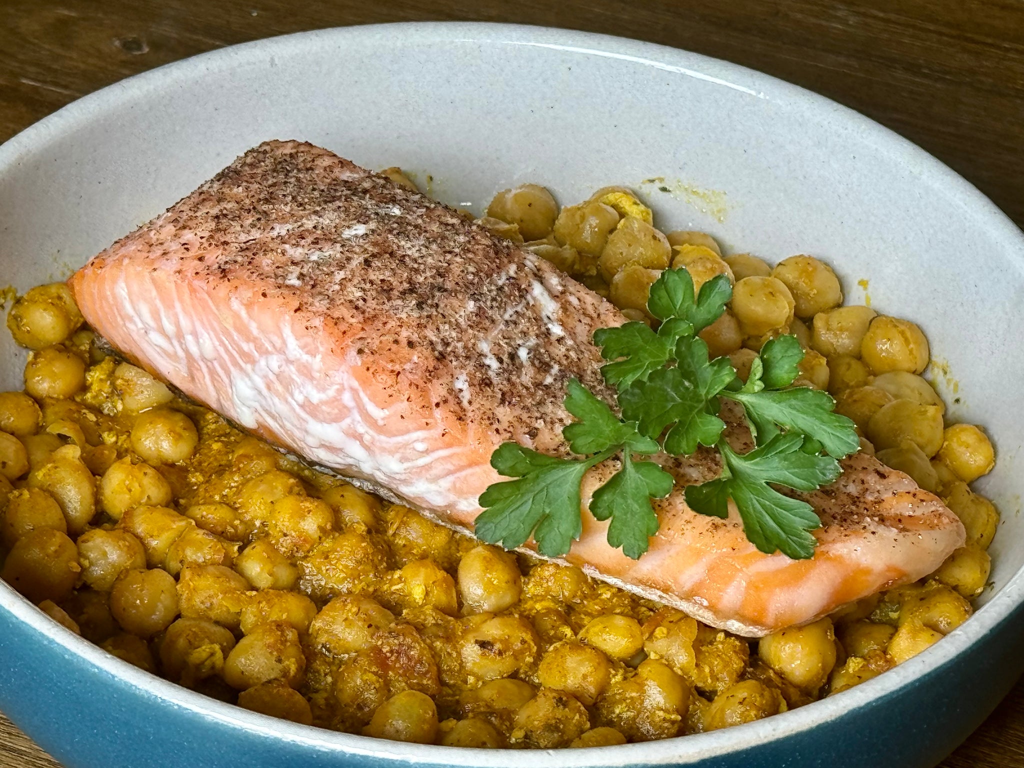 Seared Salmon on Korma Chickpeas